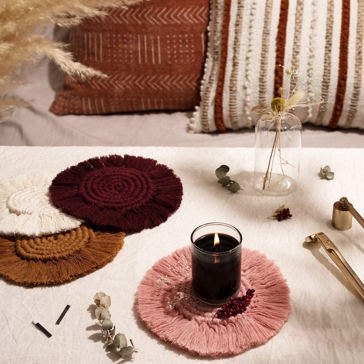 2 Posavasos Bohemios de Macramé para Bebidas, Posavasos Absorbentes con Borla, Posavasos Redondos de Algodón Hechos a Mano de 7 Pulgadas para Mesa de Escritorio, Cocina, Oficina, Hogar, Bar, Protección de Mesa, Regalo de Inauguración de la Casa, Rosa