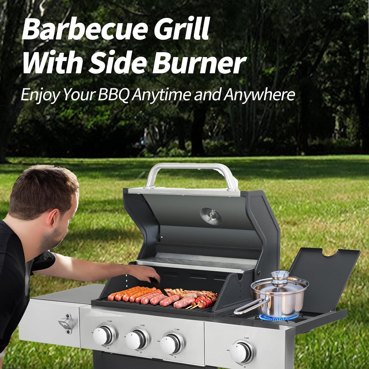 4-Burners Propane Gas Grill with Side Burner & Thermometer, Stainless Steel Propane Grill for Outdoor BBQ and Camping, Patio Backyard Barbecue, 42000 BTU Output