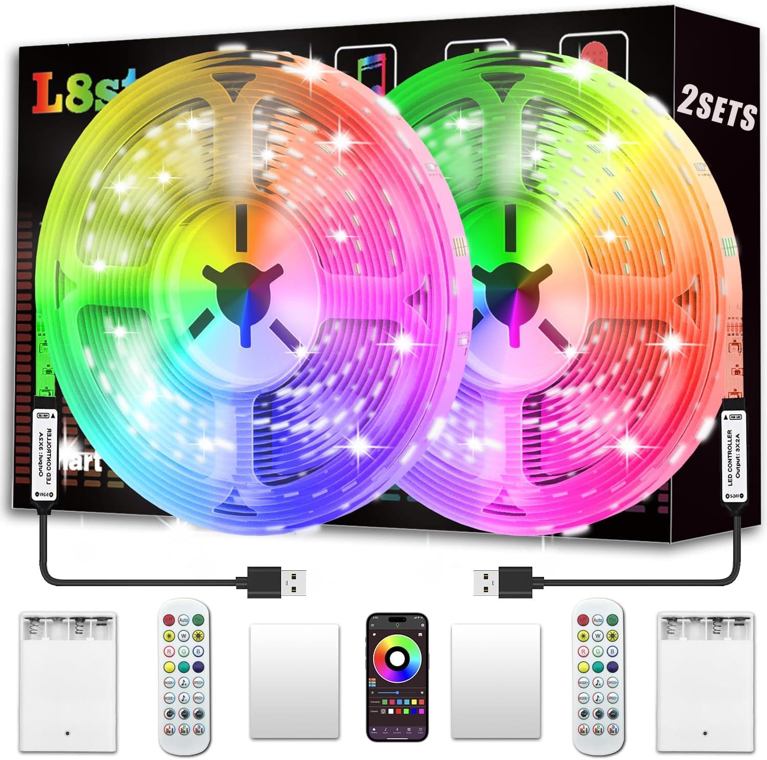 Battery Powered Led Strip Lights 13ft, 2x6.5ft USB/Battery Operated RGB LED Lights Birthday Christmas Gift with Remote for TV Backlight, Bedroom, Camping