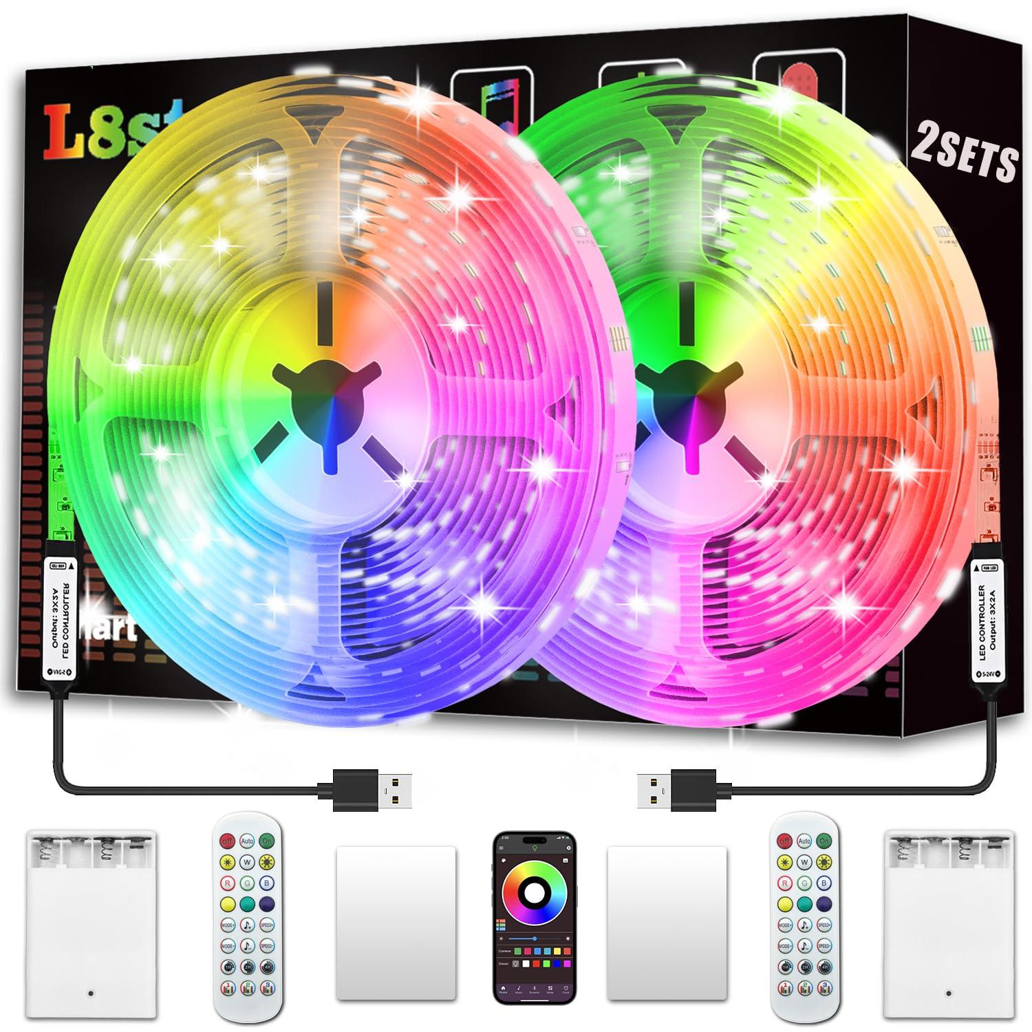 Battery Powered Led Strip Lights 13ft, 2x6.5ft USB/Battery Operated RGB LED Lights Birthday Christmas Gift with Remote for TV Backlight, Bedroom, Camping
