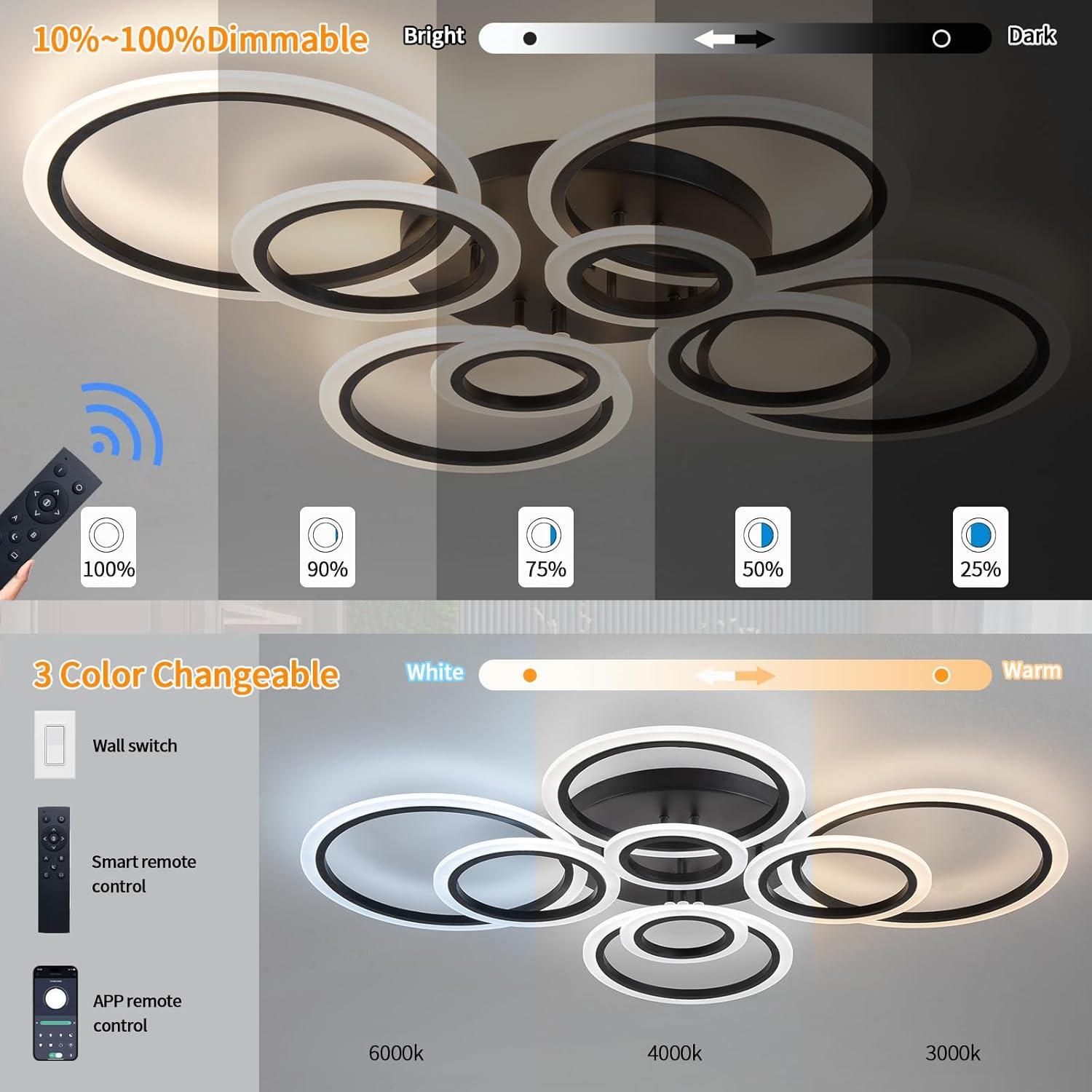 Modern Ceiling Light, 41.3'' Dimmable LED Black Flush Mount Ceiling Lights with Remote Acrylic Round Ceiling Lamp Fixture for Low Ceiling Bedroom Living Room Dining Room, 108W