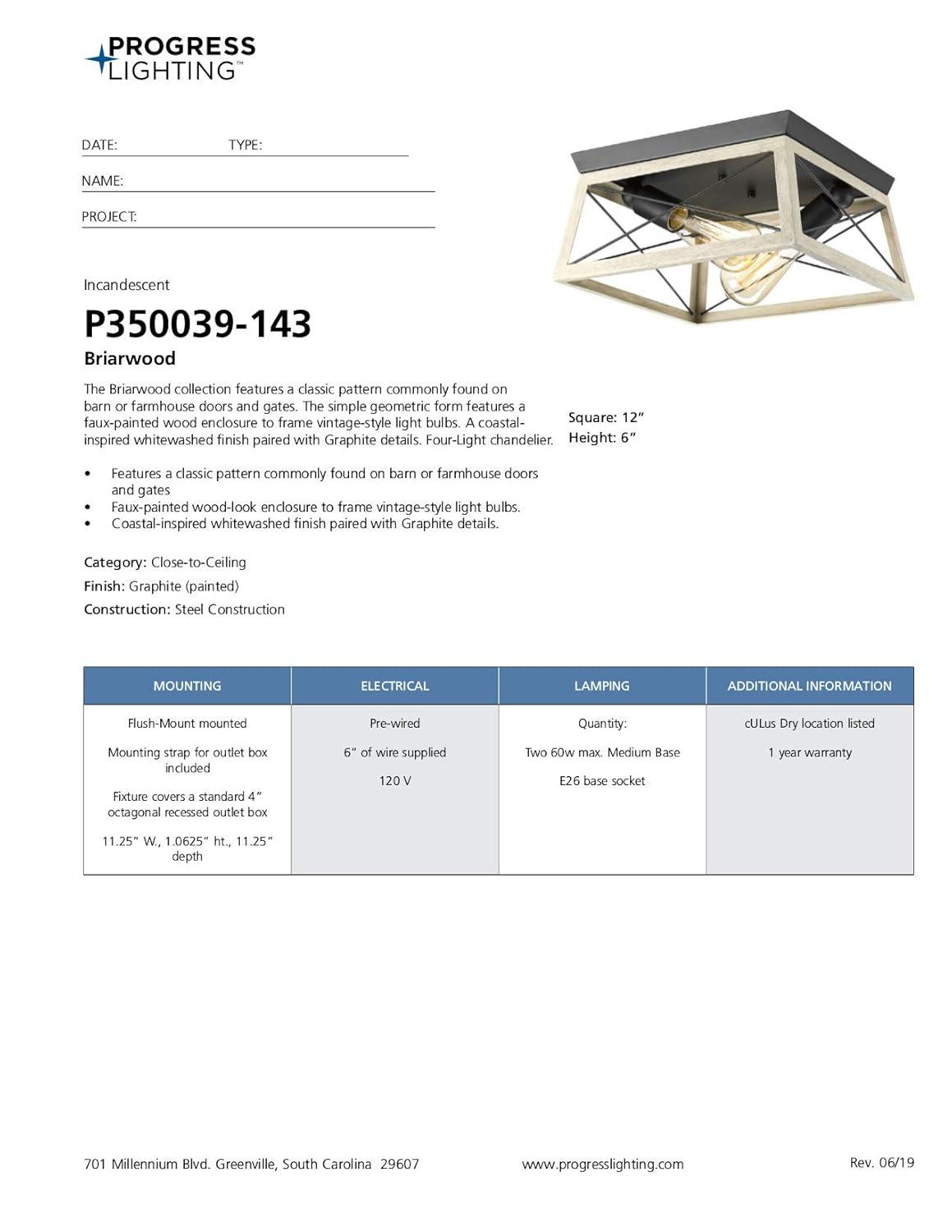 Progress Lighting Briarwood 2-Light Flush Mount, Graphite Finish, Faux-Painted Wood Enclosure, Canopy Included