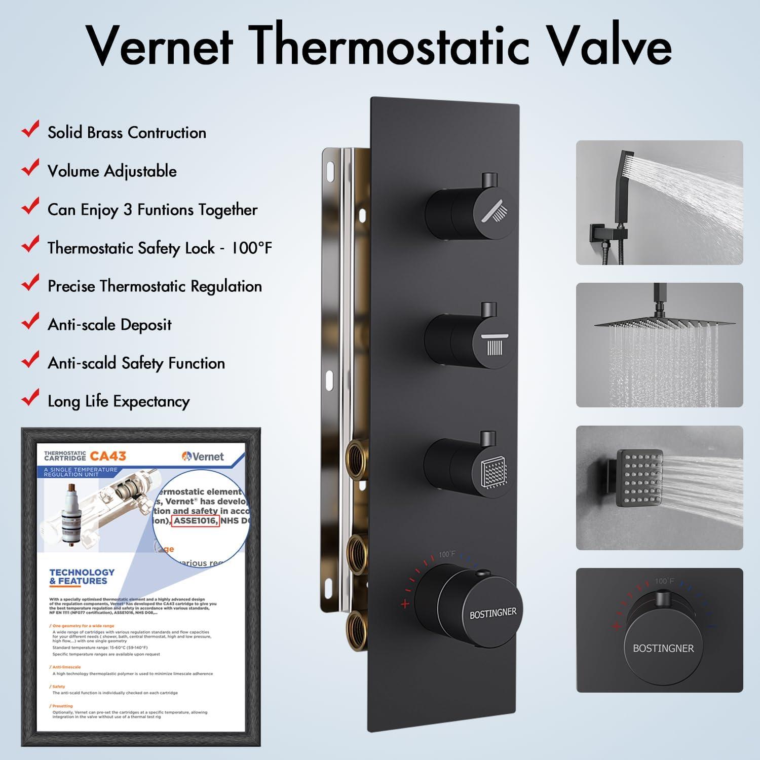DualJetSpa 15-Spray Patterns 16" & 6" Dual Shower Head, Shower FaucetSystem with Thermostatic Rough-in Valve and Body Jets