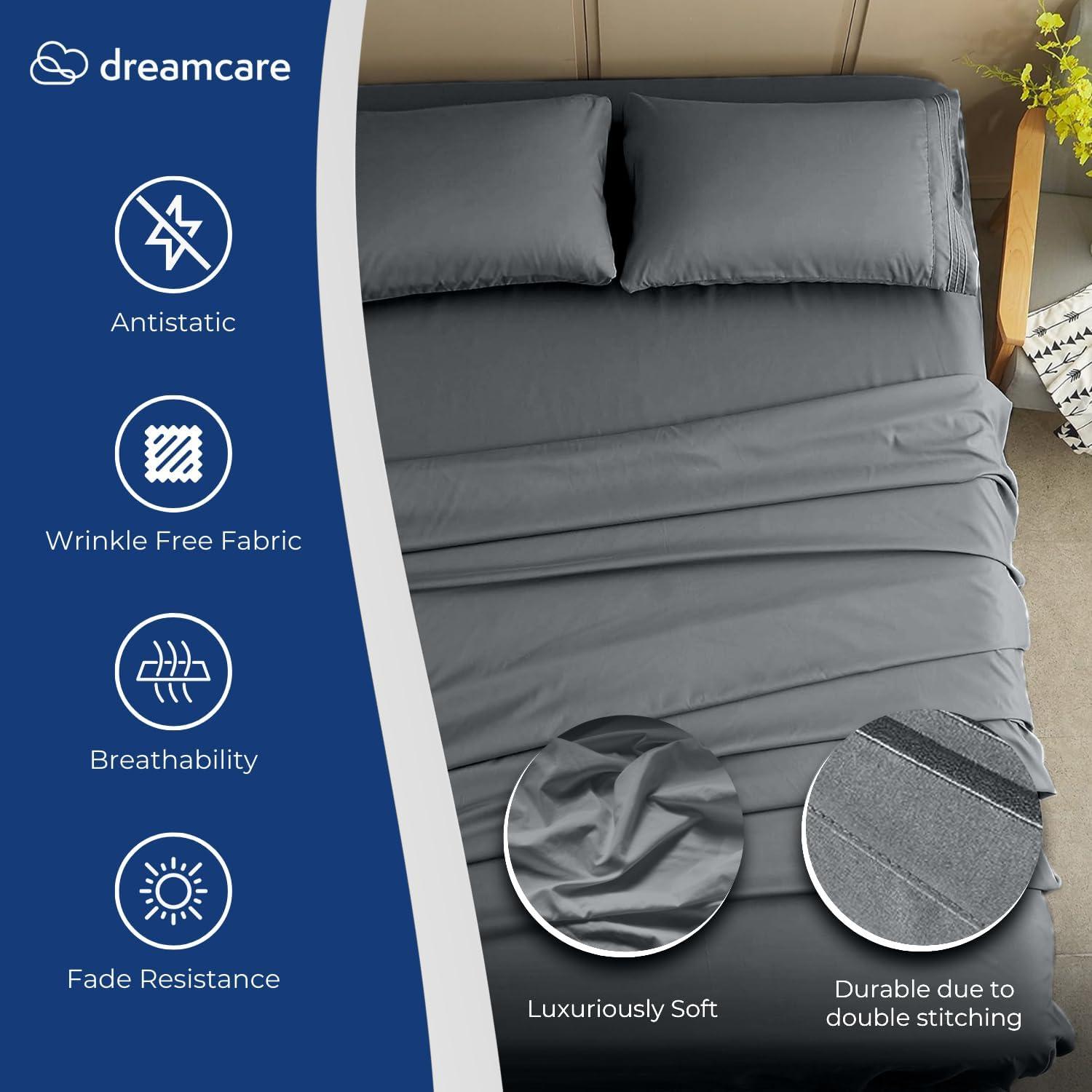 DREAMCARE - Bed Sheets Set - Queen Size Sheet with Side Pocket - 4pcs Set, 15 inches, Dark Gray