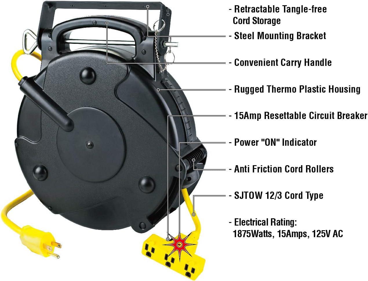 Case of 2 Industrial Heavy Duty 12/3 Retractable Extension Cord Reel W/ Tri-Tap