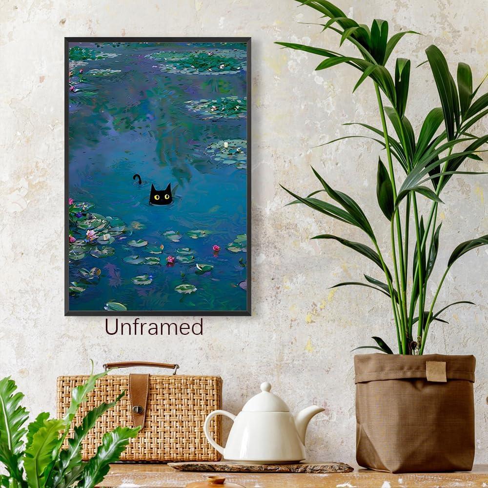 Black Cat Wall Art Monet Canvas Prints Vintage Famous Oil Paintings Funny Cat in Water Lilies Posters Room Decor For Bedroom Living Room Bathroom Aesthetic Wall Decor 12x16in Unframed