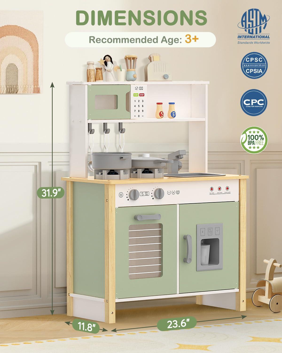 Wooden Kitchen Playset for Kids Ages 3+ with Realistic Lights, Sounds, Stove, Sink, Oven, and Accessories, Toys Kitchen Small Pretend Play Kitchen for Toddlers (Green)