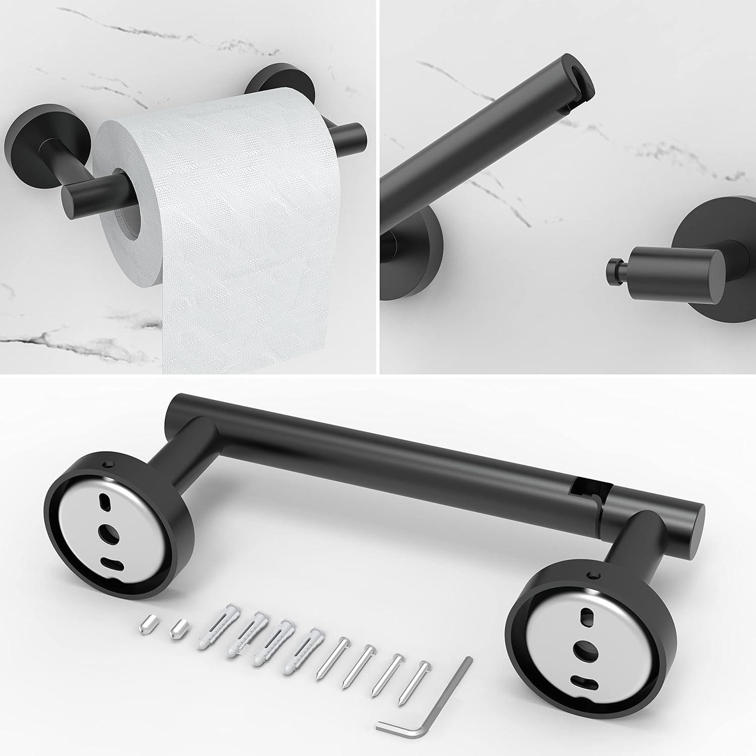 6 PCS Bathroom Hardware Set, Including 16" Hand Towel Bar, Toilet Paper Holder, Towel Ring, Robe Towel Hooks, Bathroom Accessories Kit(Matte Black)