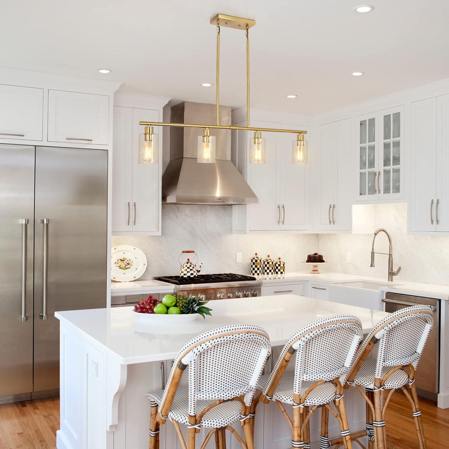 Modern Gold Kitchen Island Chandelier 4-Light Brushed Brass Farmhouse Pendant Light Industrial Kitchen Island Lighting Fixture with Glass Shades Hanging Lamp for Dining Living Room