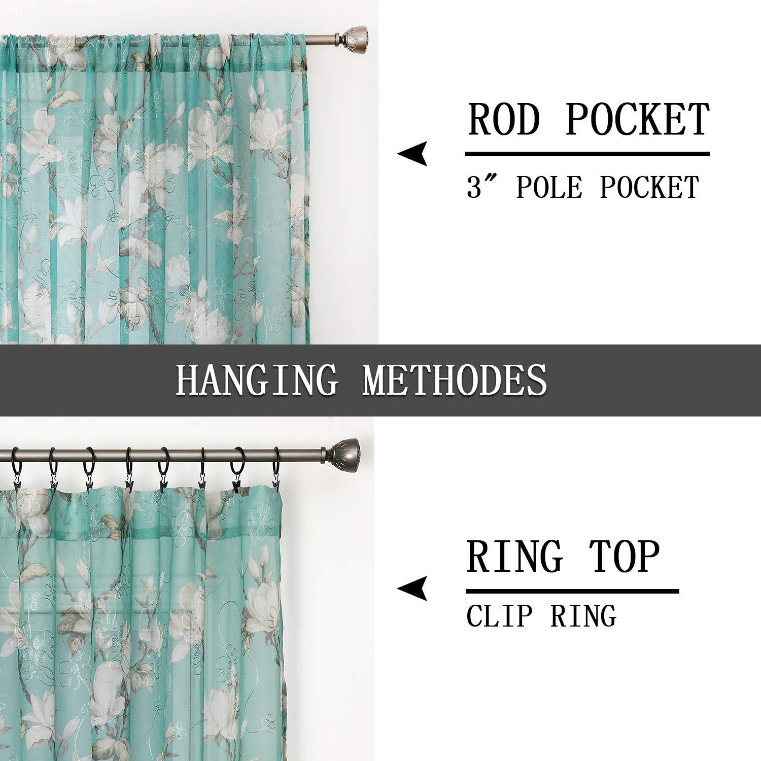 Tollpiz Floral Turquoise Sheer Curtain Flower Print Vine Embroidery Bedroom Curtains Rod Pocket Voile Window Curtain for Living Room, 54 x 95 inches Long, Set of 2 Panels