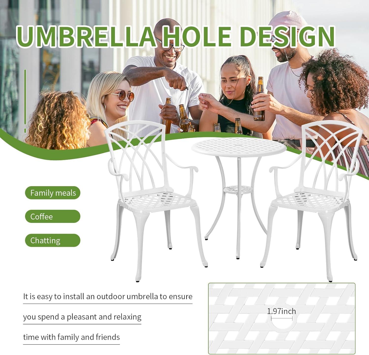 World Menagerie 3 Piece Patio Bistro Set Cast Aluminum Bistro Table And Chairs Set Of 2 With Umbrella Hole,All Weather Metal Bistro Table Set,Outdoor Patio Furniture Set For Garden