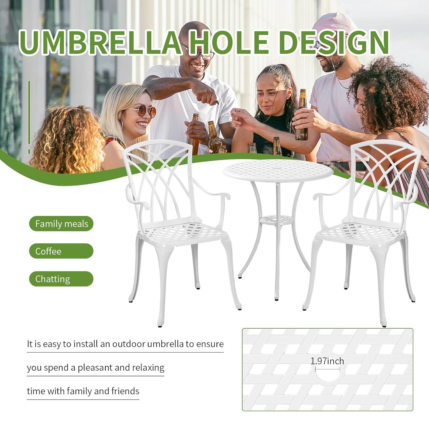 World Menagerie 3 Piece Patio Bistro Set Cast Aluminum Bistro Table And Chairs Set Of 2 With Umbrella Hole,All Weather Metal Bistro Table Set,Outdoor Patio Furniture Set For Garden