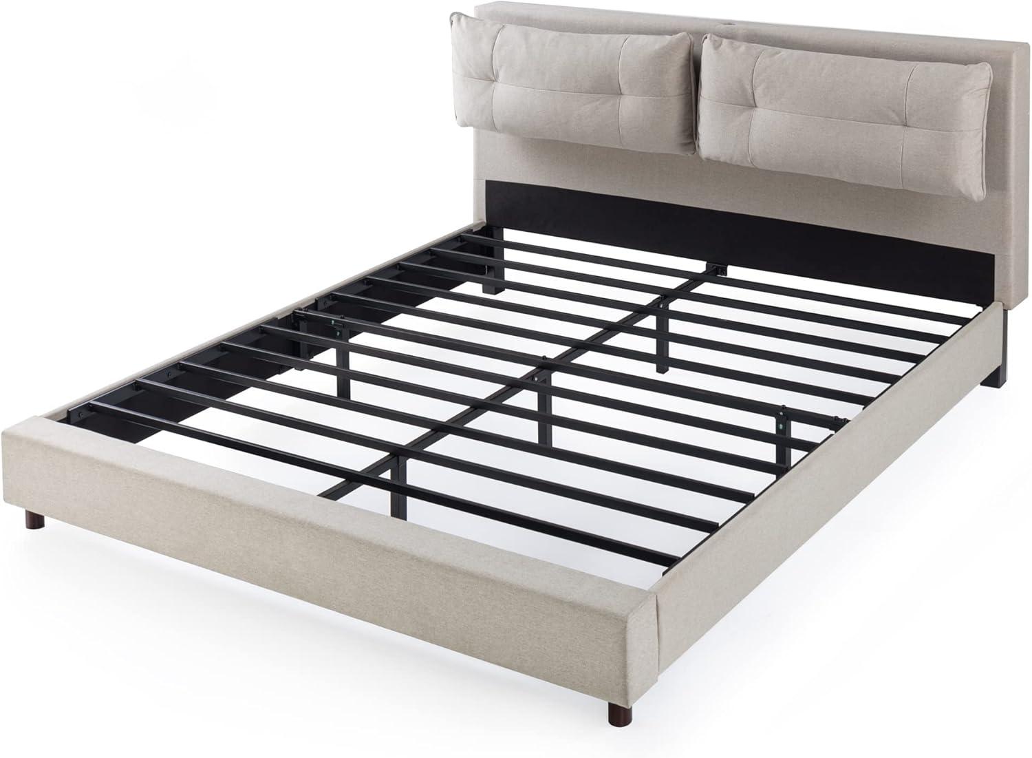 Zinus 39" Avery Platform Bed, Reclining Fabric Headboard and USB Ports, Beige, King