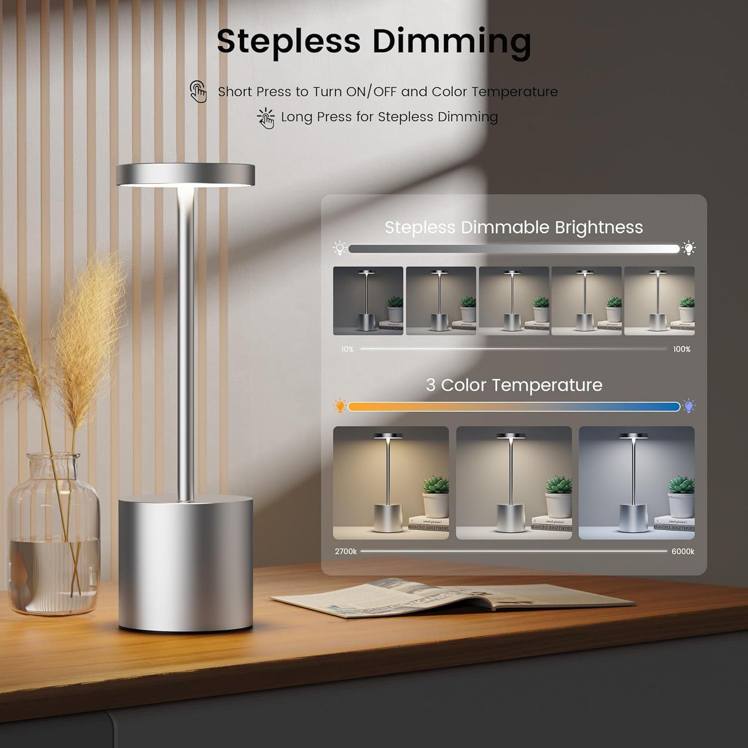 Silver Cordless Outdoor LED Table Lamp, 2-Pack, Metal Shade