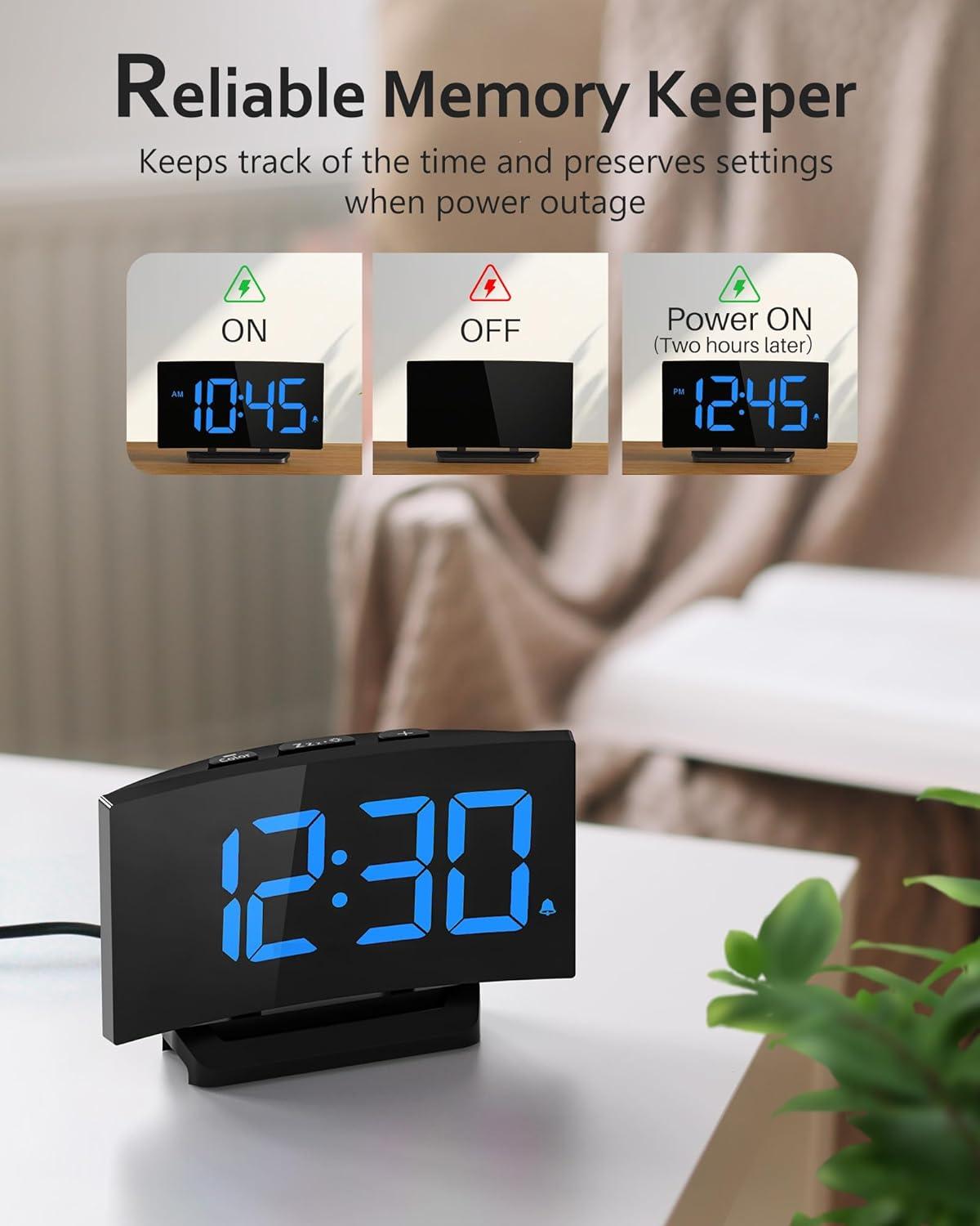 Curved Black Digital Alarm Clock with Blue LED Display