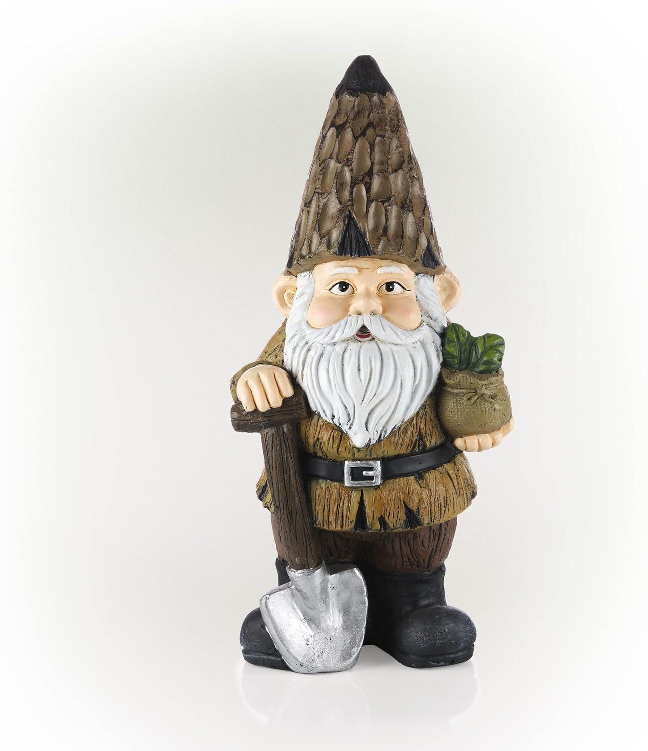 Alpine Corporation 7" x 6" x 16" Polystone Gnome with Shovel Garden Statue, Brown