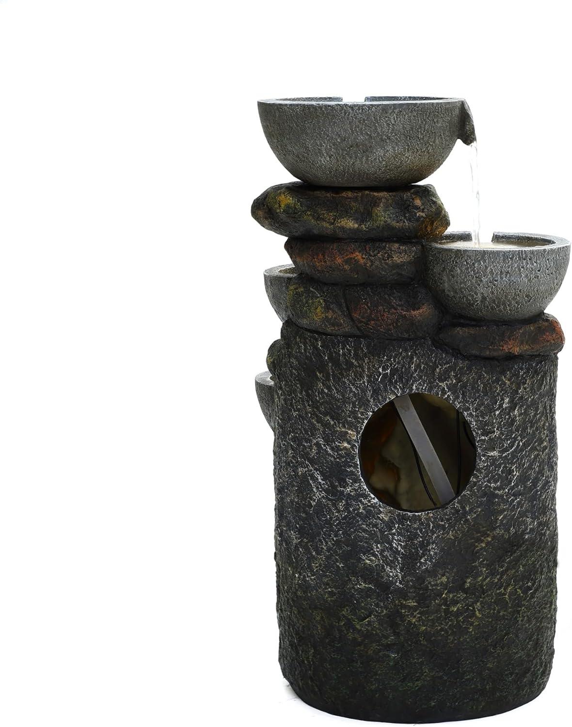 LuxenHome 25" Small Water Fountain Outdoor, Cascading Bowl Garden Water Features with LED Lights Gray