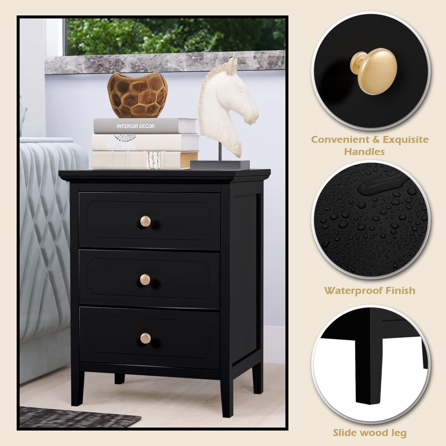 3 Drawer Nightstand Black Large Night Stands with Drawer 19 Inch Modern Bedside Table for Bedrooms Wooden