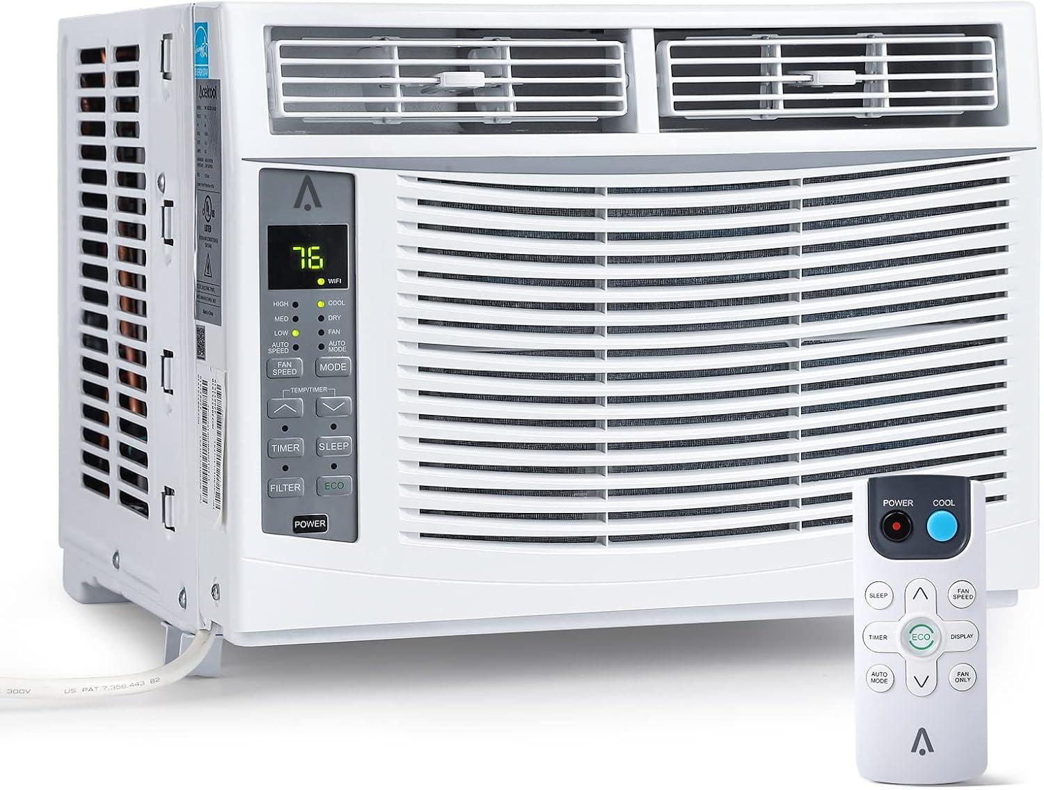 Homhougo 6,000 BTU Window Air Conditioner, 3-in-1 AC Unit (Cooling, Dehumidifying, Fan), Timer, Sleep/ECO Mode, Easy Installation Kit, Cools Rooms Up to 350 Sq.Ft, 115V/60Hz