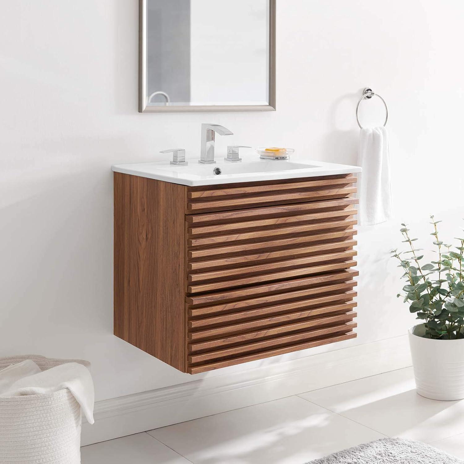 Modway Render 24" Wall-Mount Bathroom Vanity – Mid-Century Modern Floating Sink Cabinet in Walnut and White Finish