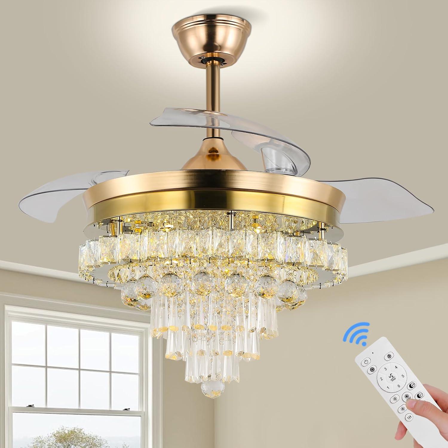 HOOMEDELIER 42" Chandelier Ceiling Fan with Remote, Crystal Beads Framed Fan with 4 Retractable Blades Smart Indoor Fandelier Fan