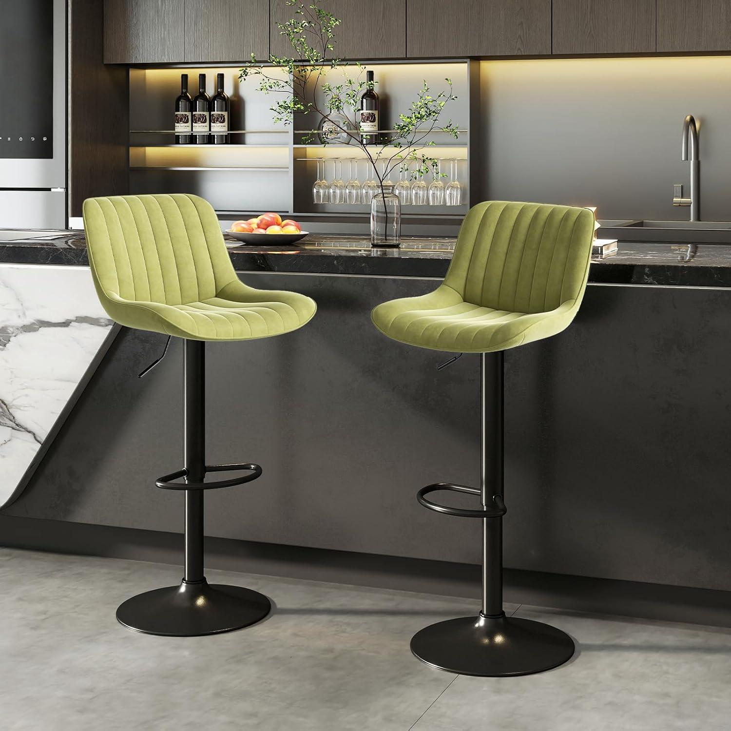 Hawsaiy Adjustable Bar Stools Set of 2, Swivel Counter Height Bar Chairs with Back, Modern Technical Fabric Barstools for Kitchen Island & Home, Green