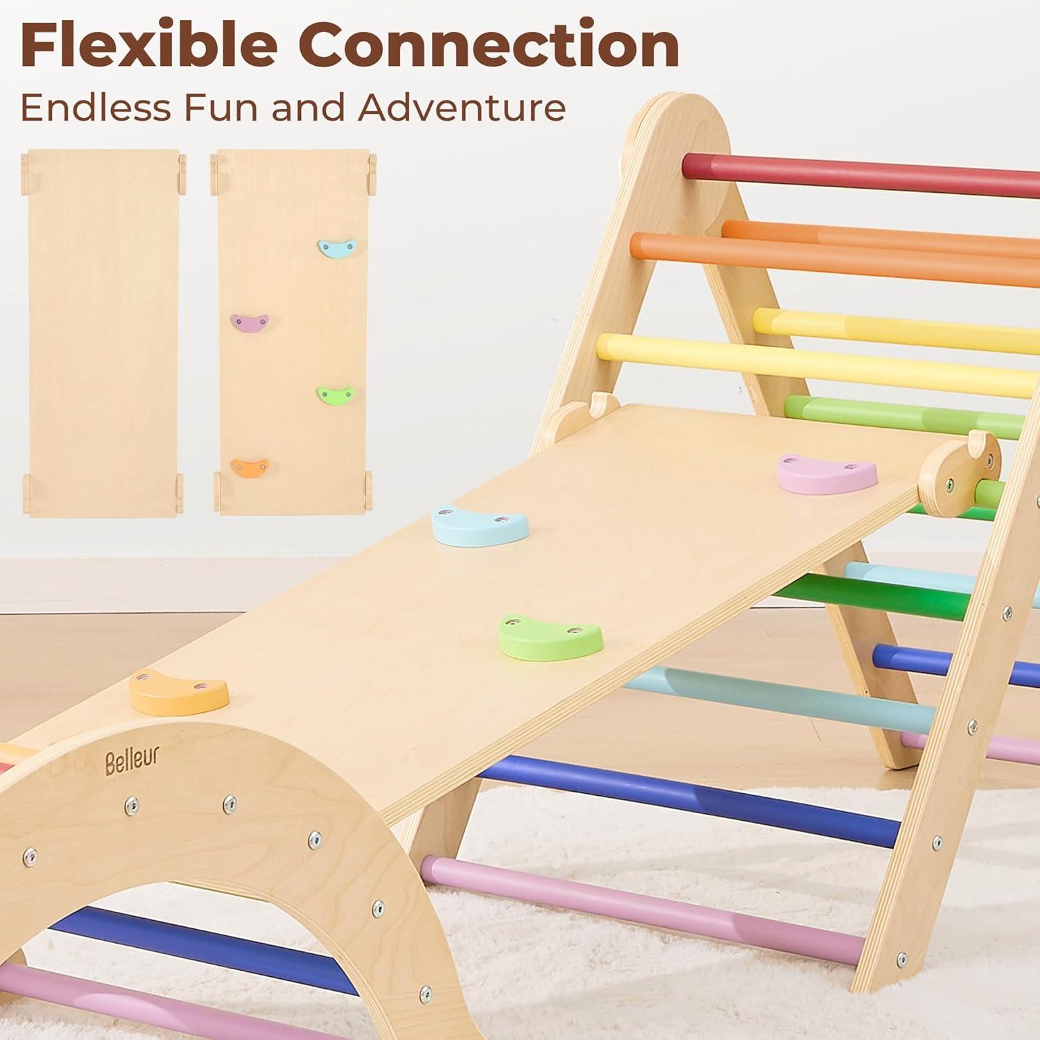 Colorful Foldable 7-in-1 Wood Pikler Triangle Set with Slide