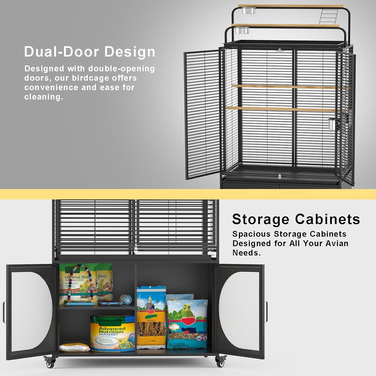 GDLF 72-Inch Bird Cage With Play Top and Rolling Storage Cabinet Extra Large With Cover for Parrot, Parakeet, Cockatiel, Budgie , Parrotlet, Green Cheek Conure
