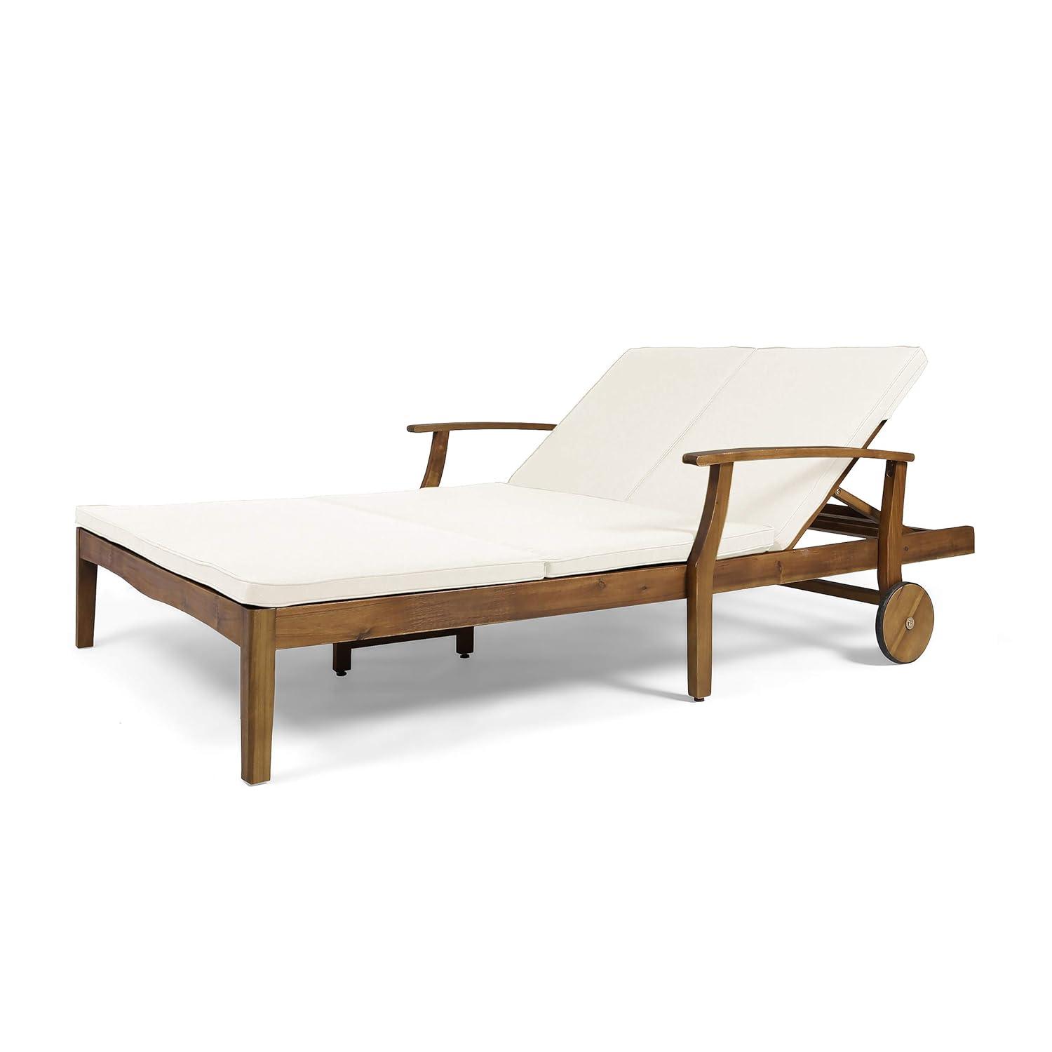 Perla Acacia Wood Double Chaise Lounge Teak/Cream: Patio Daybed with Weather-Resistant Cushions - Christopher Knight Home