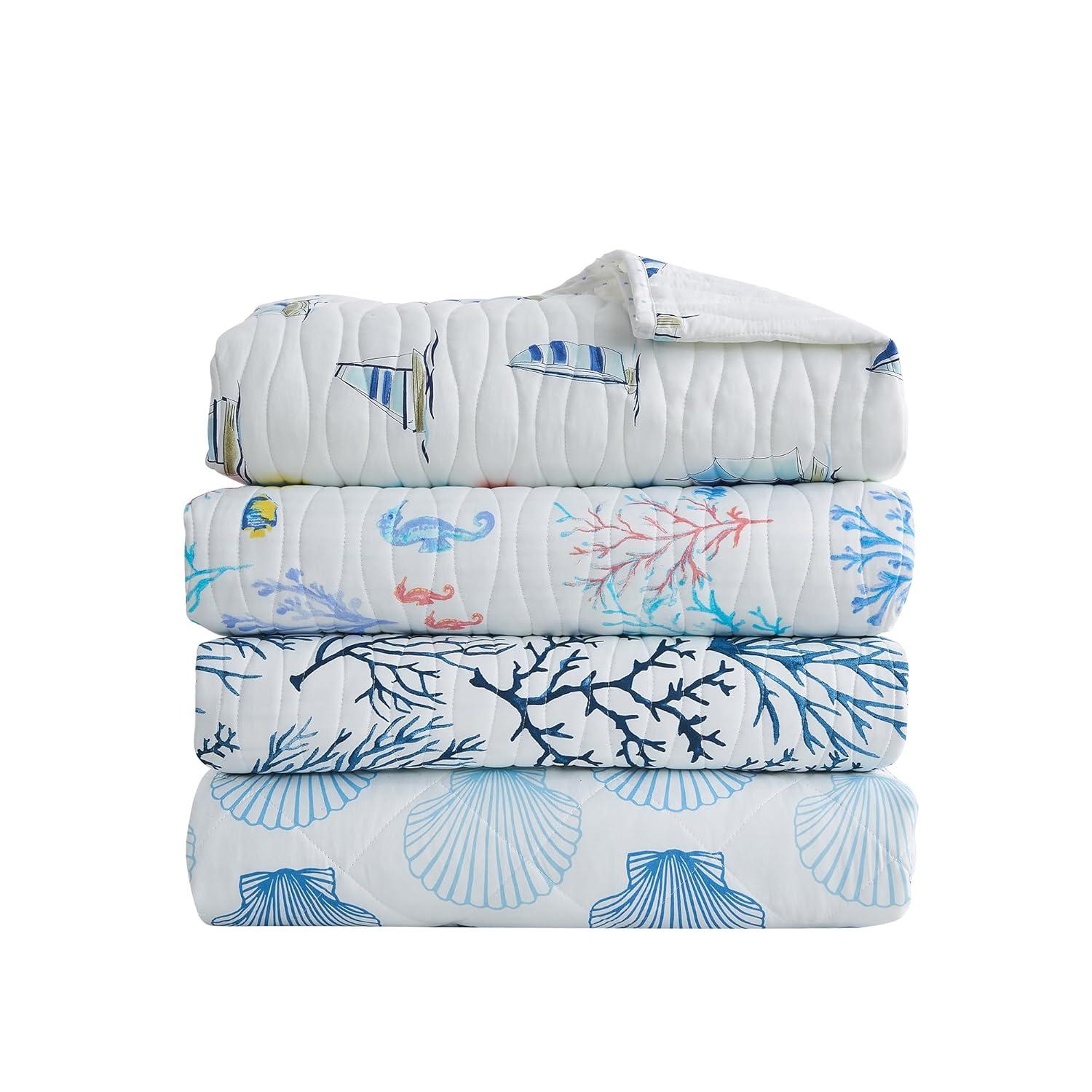 King Size Blue Seashells Microfiber Reversible Quilt Set
