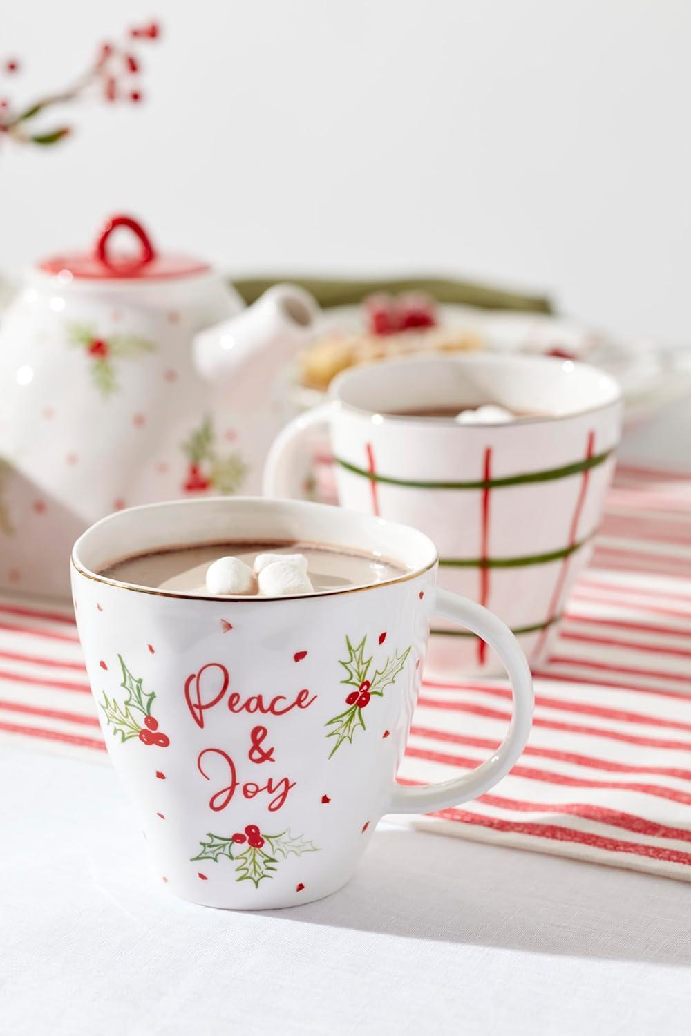 Ivory Ceramic Holiday Motif Mug Set, 12oz, Set of 4