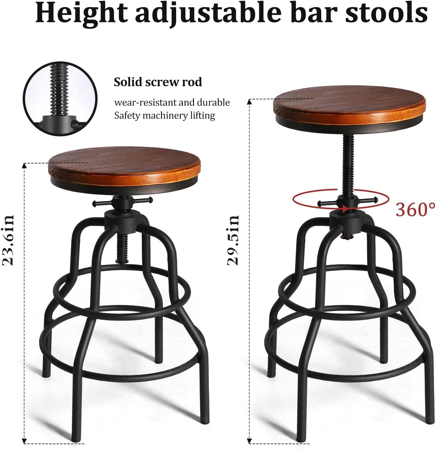 LOKKHAN Vintage Industrial Bar Stool-Rustic Swivel Bar Stool-Round Wood Metal Stool-Kitchen Counter Height Adjustable Pipe Stool-Cast Steel Stool 20-27 Inch (Set of 2)