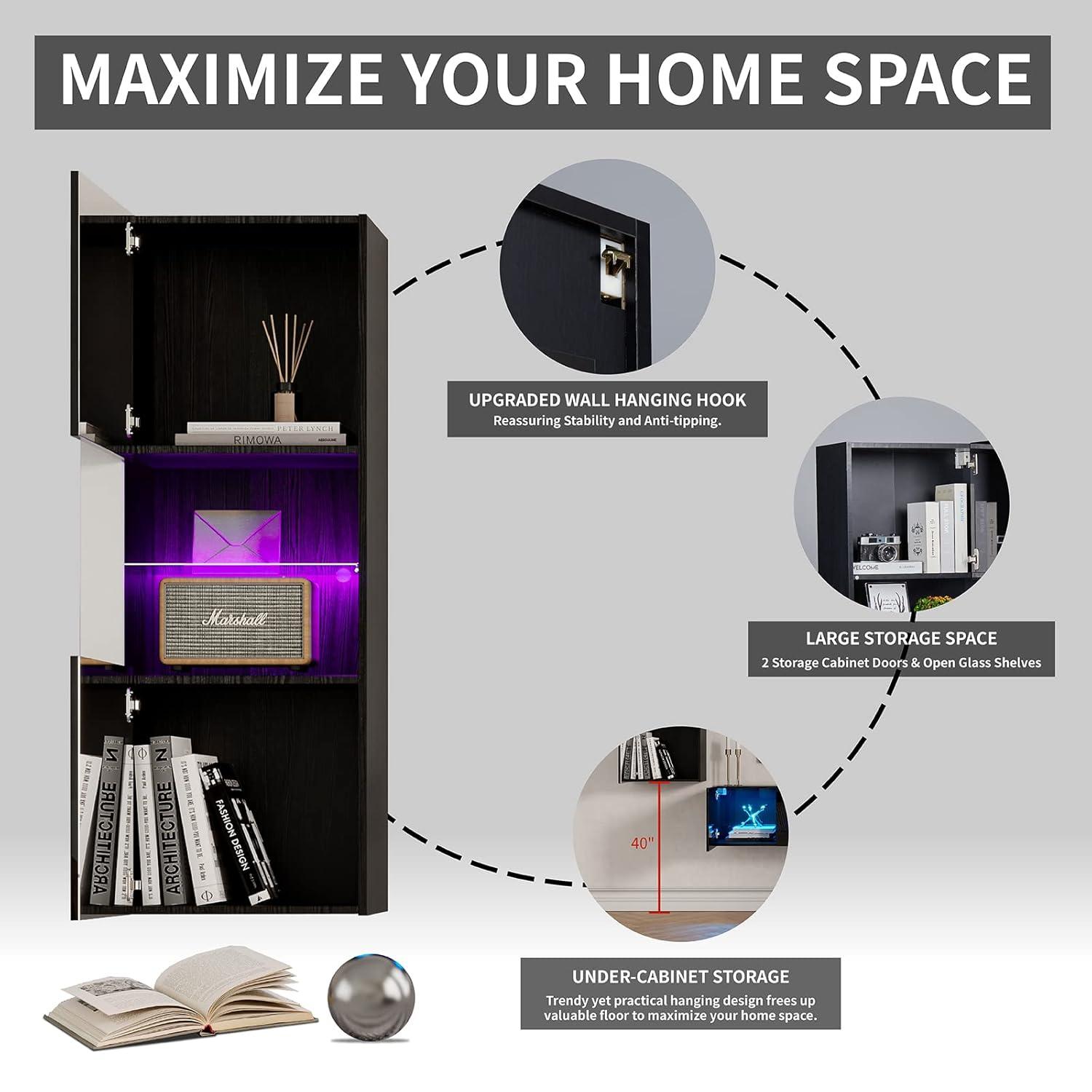 VanAcc Modern Wall Storage Cabinets with LED Lights, Hanging Cabinets with Closed Doors & Open Shelves, Black