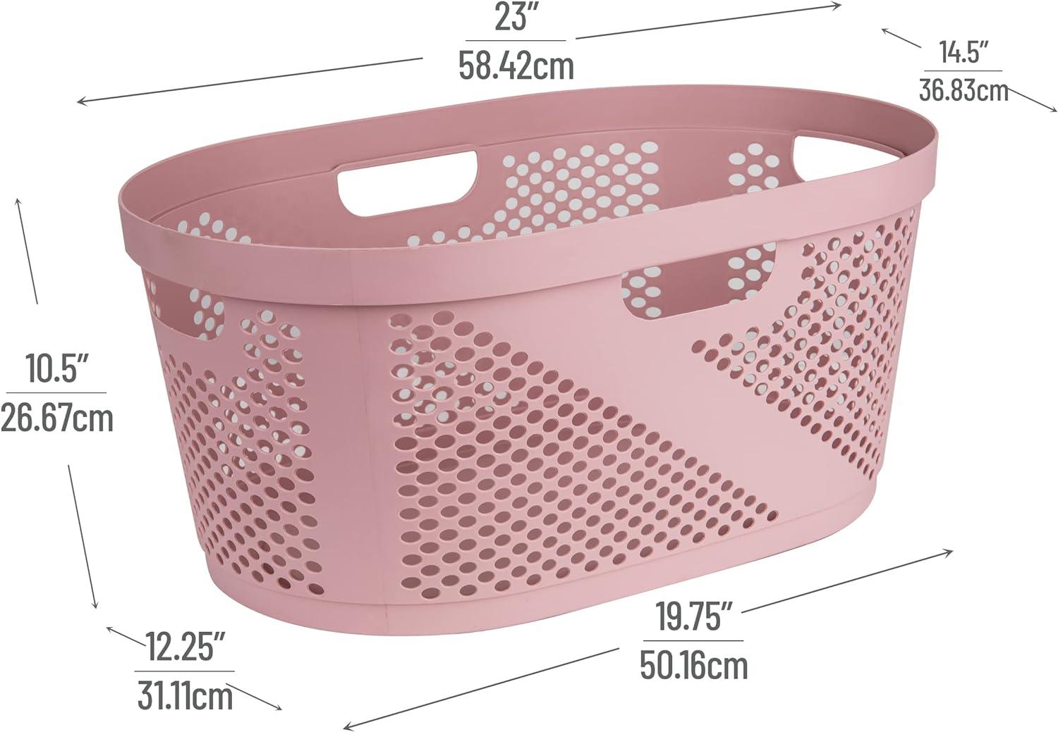 Pink Plastic Wicker Laundry Basket with Handles and Lid