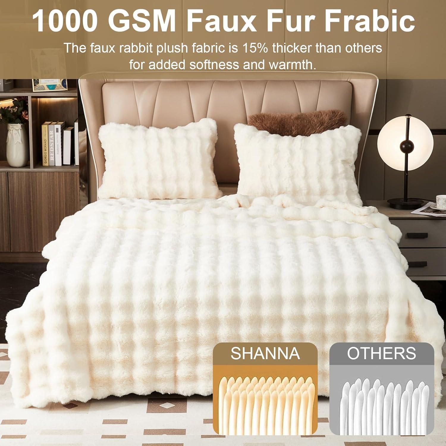 Soft Warm Faux Rabbit Fur Blanket - Thick 1000 G/M Faux Fur Throw with Ruffles - Fluffy Blanket for Bed, Sofa, Office (White, 100 x 160cm / 39" x 63")