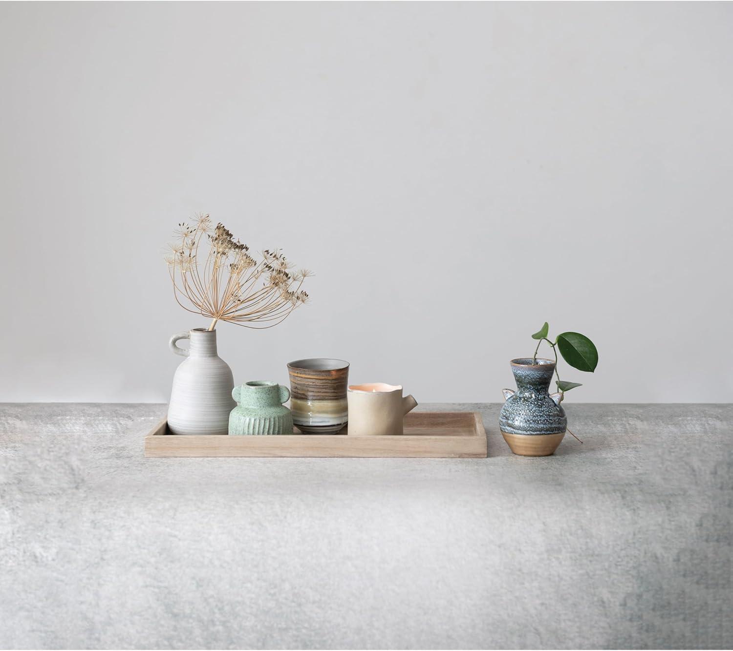 Creative Co-Op Mango Wood Tray with 3 Vases and 2 Planters, Multicolor Reactive Glaze, Set of 6