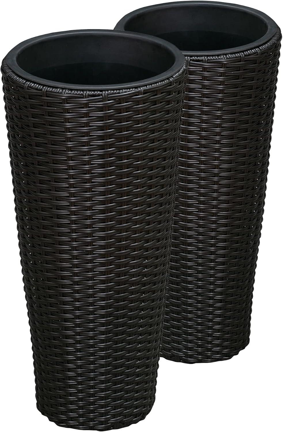 Balkene Home Noah All-Weather Wicker Planter Set with Liners Tall Plant Decor Box for Outdoors & Indoors Patio Herb Garden - 2 Piece Set – Black