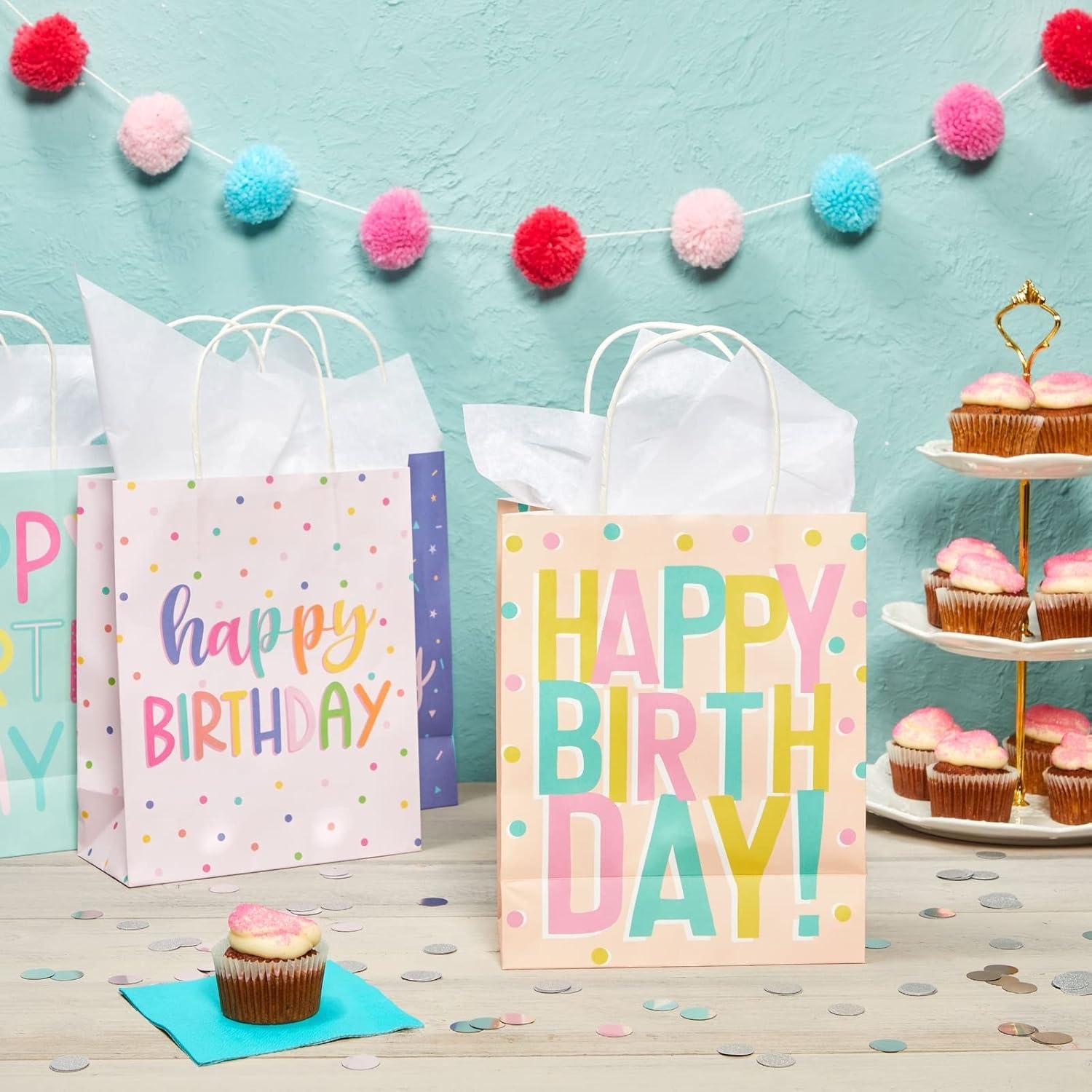 Sparkle and Bash 24 Pack 8 x 10 x 4 Inch Happy Birthday Gift Bags with Handles and 24 Sheets White Tissue Paper, 4 Pastel Colors