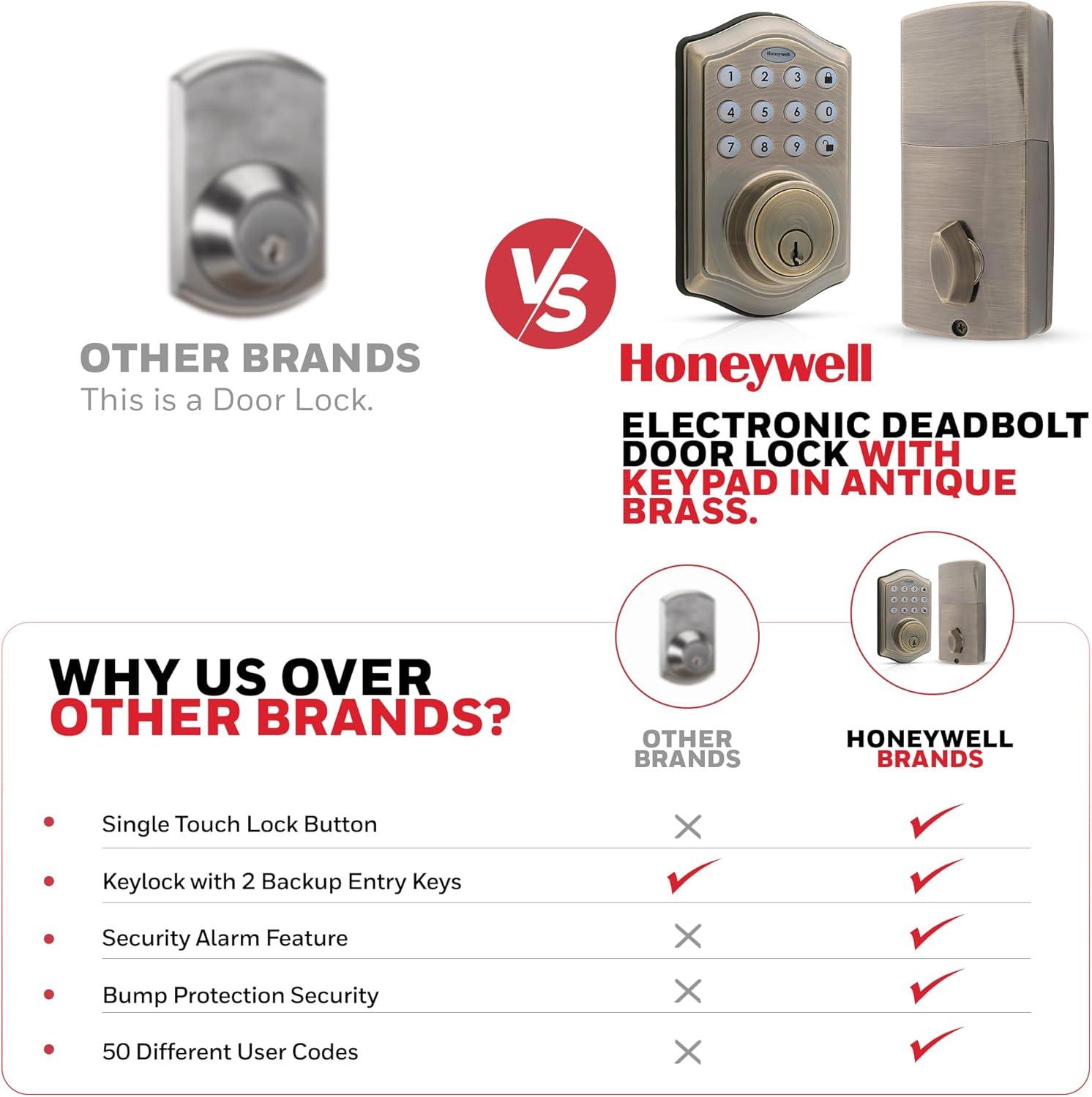 Honeywell Electronic Deadbolt- Antique Brass: Single Cylinder Door Lock, Battery Operated, Steel & Plastic, Light Brown