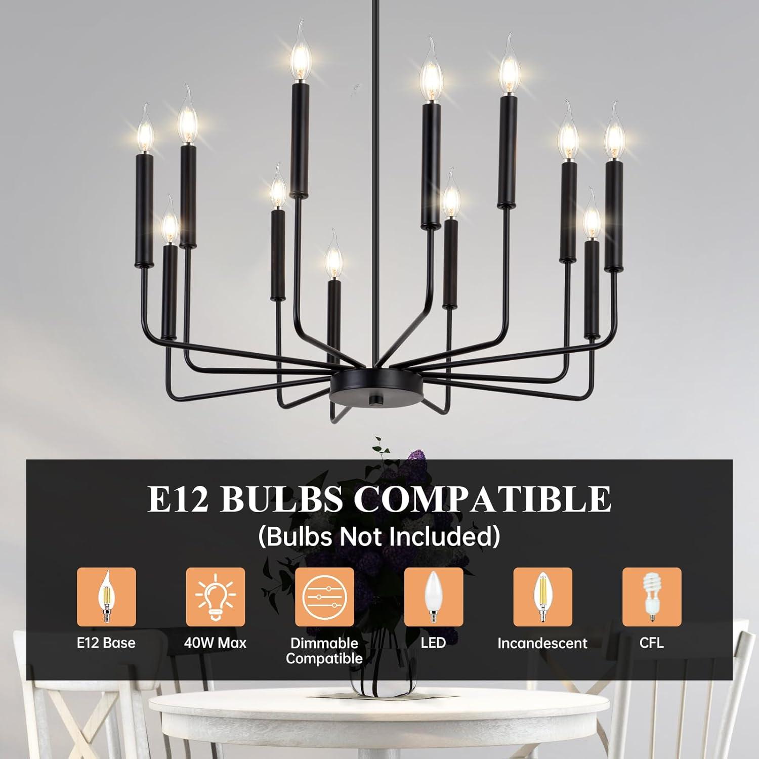 Vikaey Metal Black Chandelier, 12-Light Farmhouse Classic Candle Ceiling Hanging Light Fixture, Rustic Pendant Lighting for Kitchen Island, Dining Room, Living Room, Stair, UL Listed