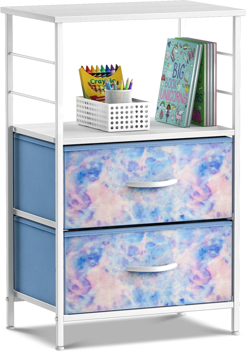 Tie-Dye Blue 2-Drawer Nightstand with Shelf Storage