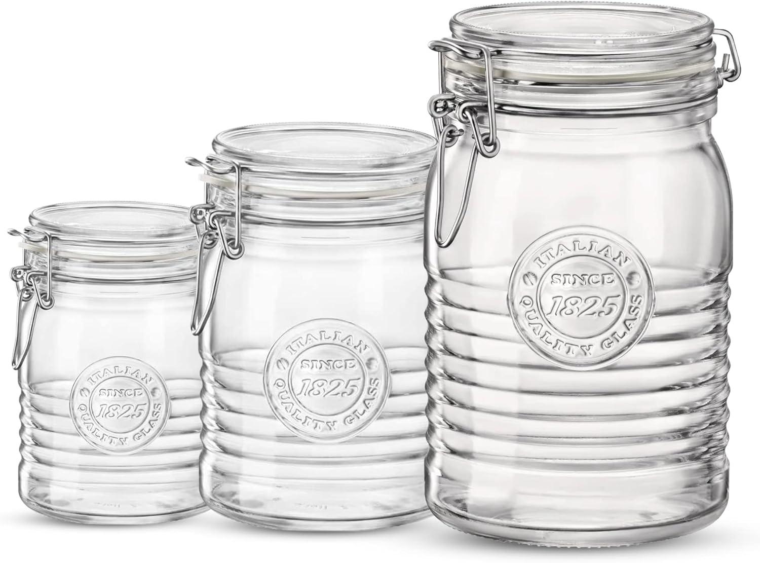 Bormioli Rocco Officina 1825 Variety Pack, Set Of 3 Glass Jars, Wide Opening, With Airtight Hinged Lid, clear