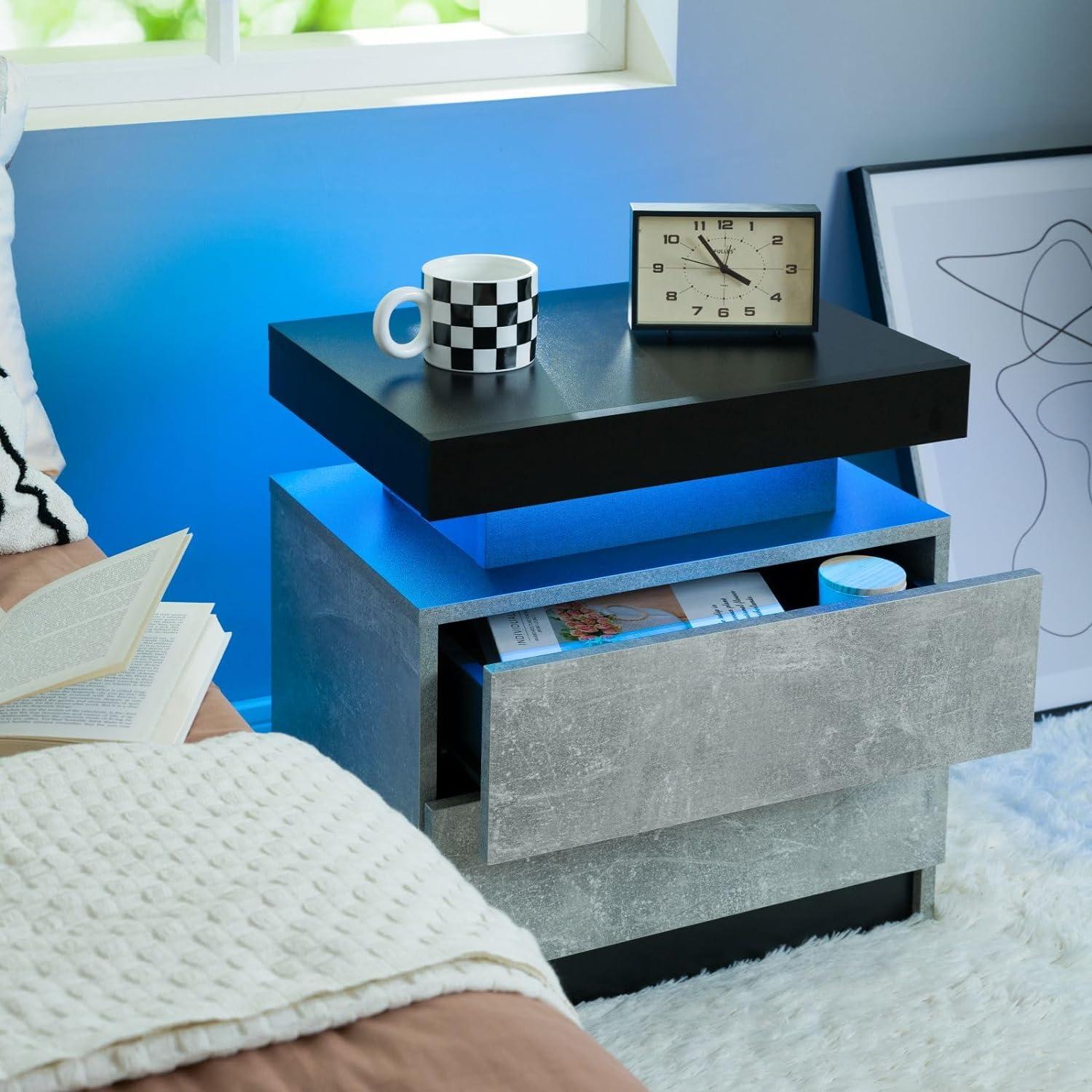 Grey and Black Particle Board Nightstand Set with LED Lights