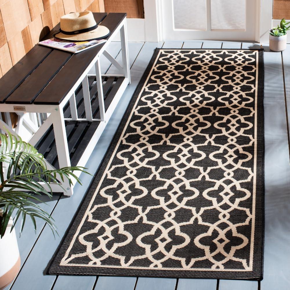 SAFAVIEH Courtyard Carlos Oriental Indoor/Outdoor Runner Rug, Grey/Beige, 2'7" x 8'2"