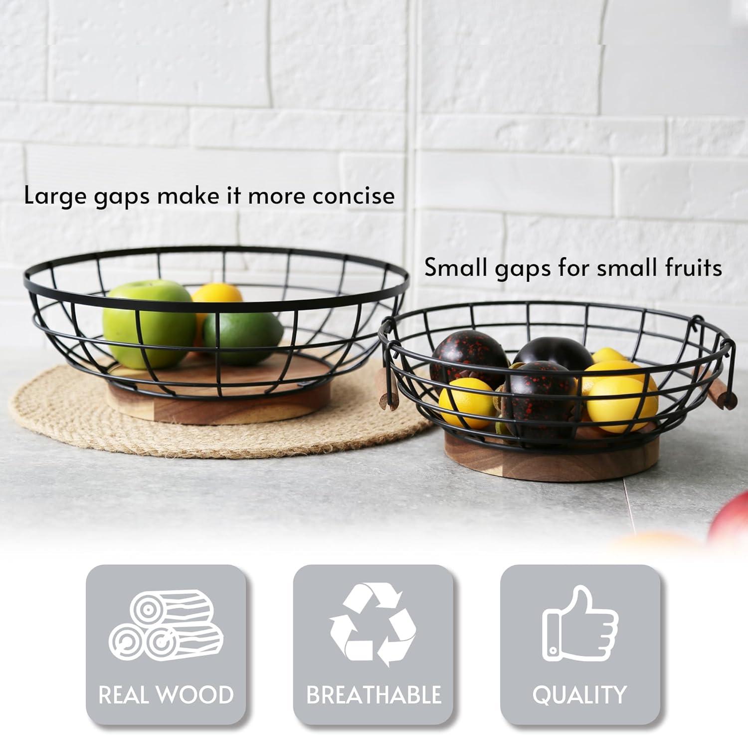 Fruit Basket,black Wire Basket with Acacia Wood Base,large Fruit Bowl for Countertop,black Baskets for Fruits, Breads, Vegetables Storage. (10-inch)