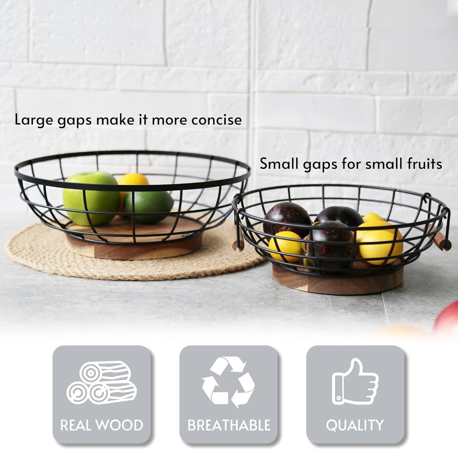 Fruit Basket,black Wire Basket with Acacia Wood Base,large Fruit Bowl for Countertop,black Baskets for Fruits, Breads, Vegetables Storage. (10-inch)
