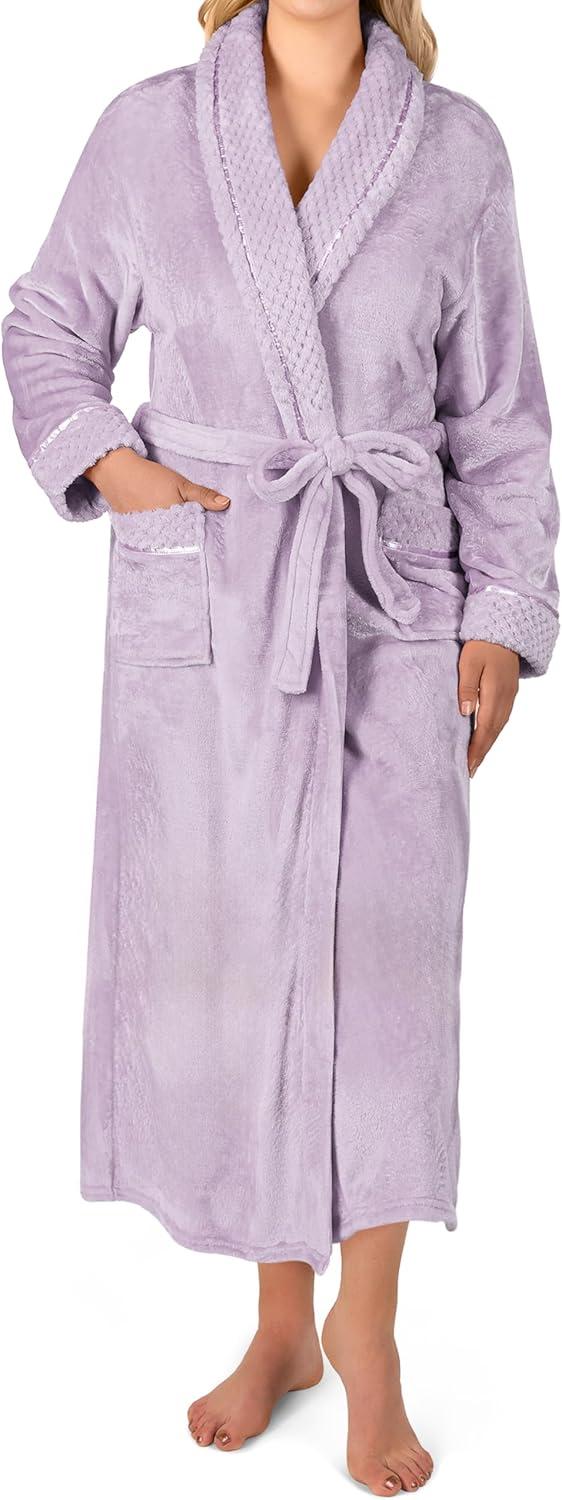 PAVILIA Soft Plush Women Fleece Robe, Cozy Warm Housecoat Bathrobe, Fuzzy Female Long Spa Robes (Lavender, Small-Medium)