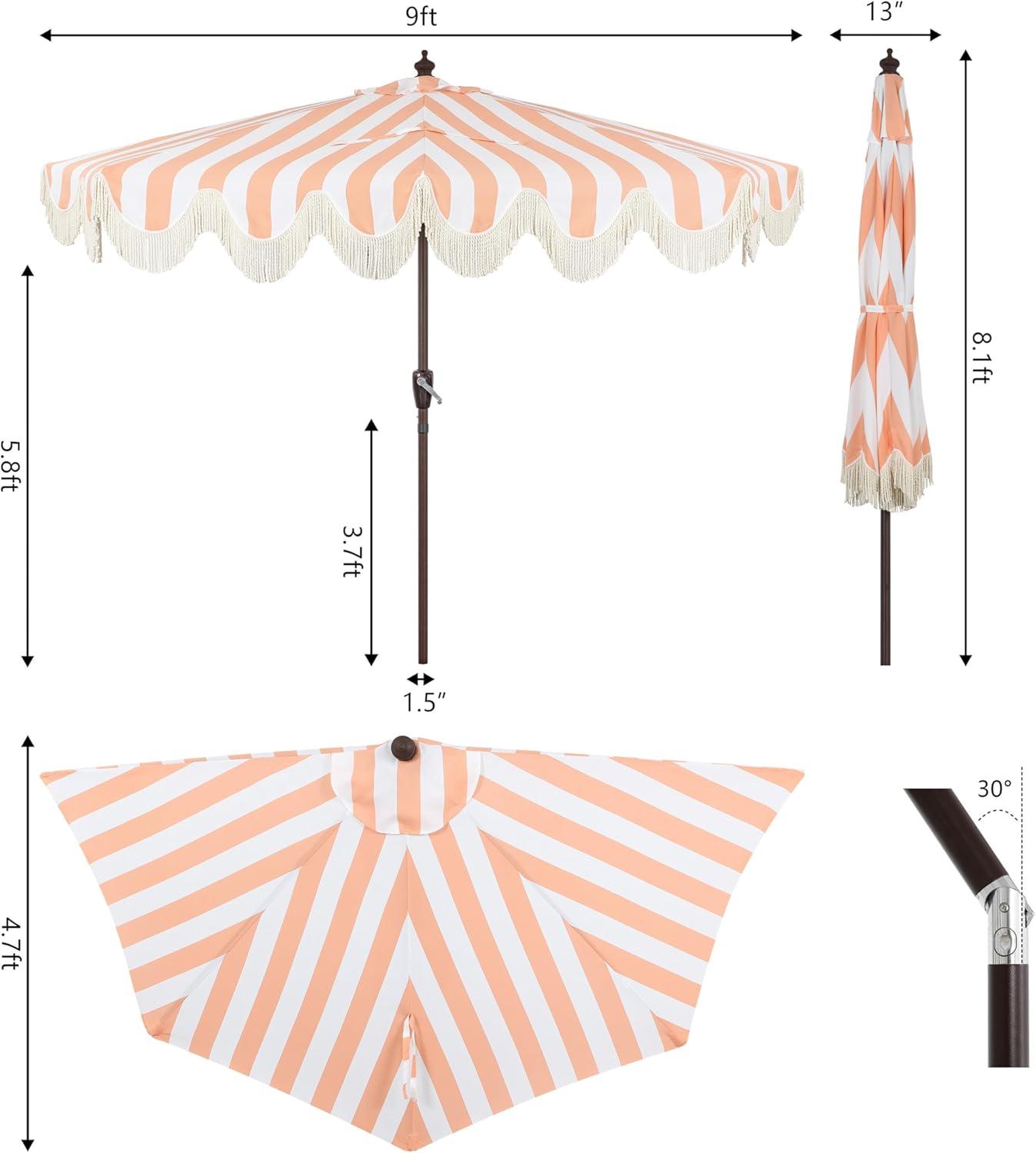 JONATHAN Y Half Umbrella UMB1201E Beverly 9 ft. Designer Classic Scalloped Fringe Market Patio with Crank, Push Button Tilt and UV Protection in Coral Pink/White
