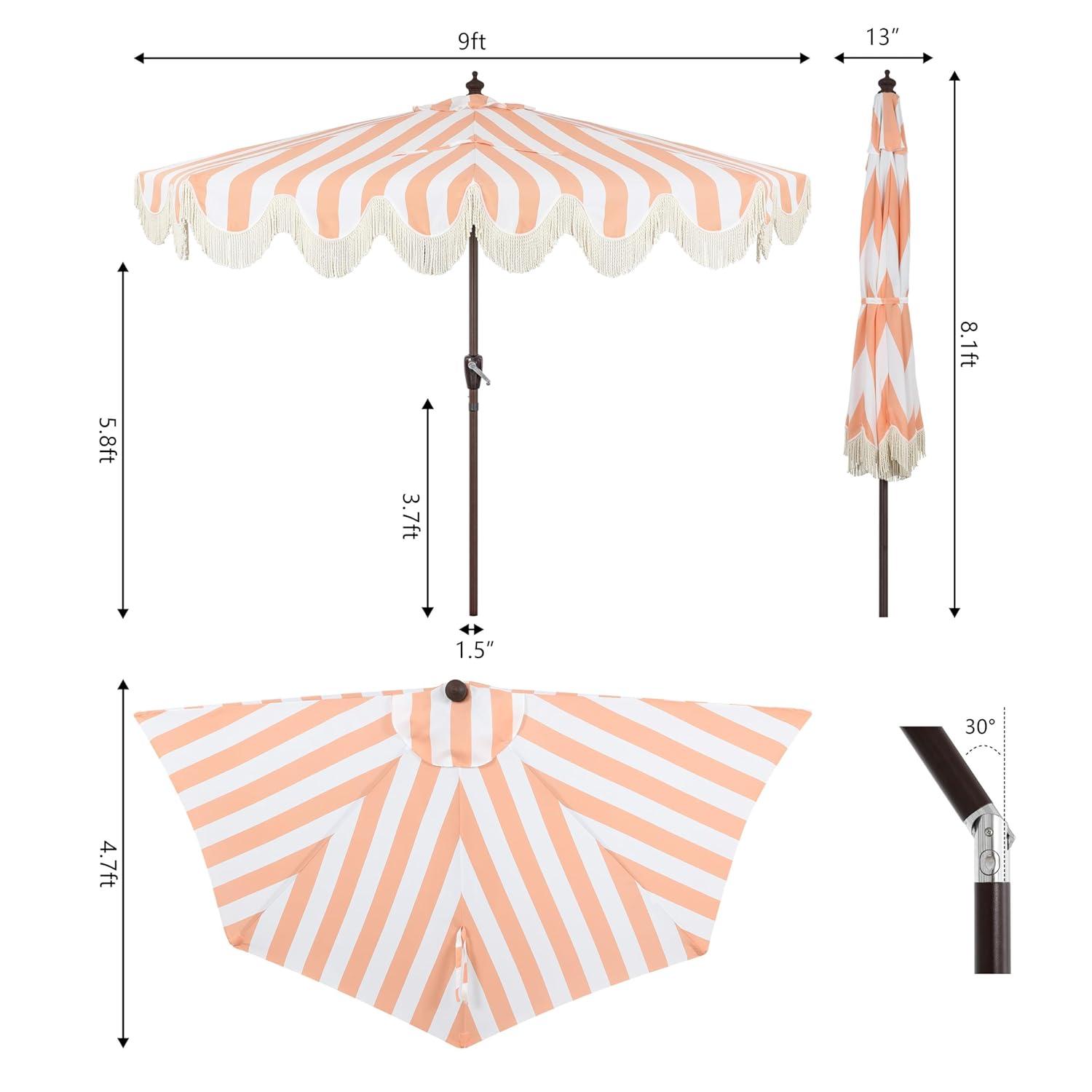 JONATHAN Y Half Umbrella UMB1201E Beverly 9 ft. Designer Classic Scalloped Fringe Market Patio with Crank, Push Button Tilt and UV Protection in Coral Pink/White