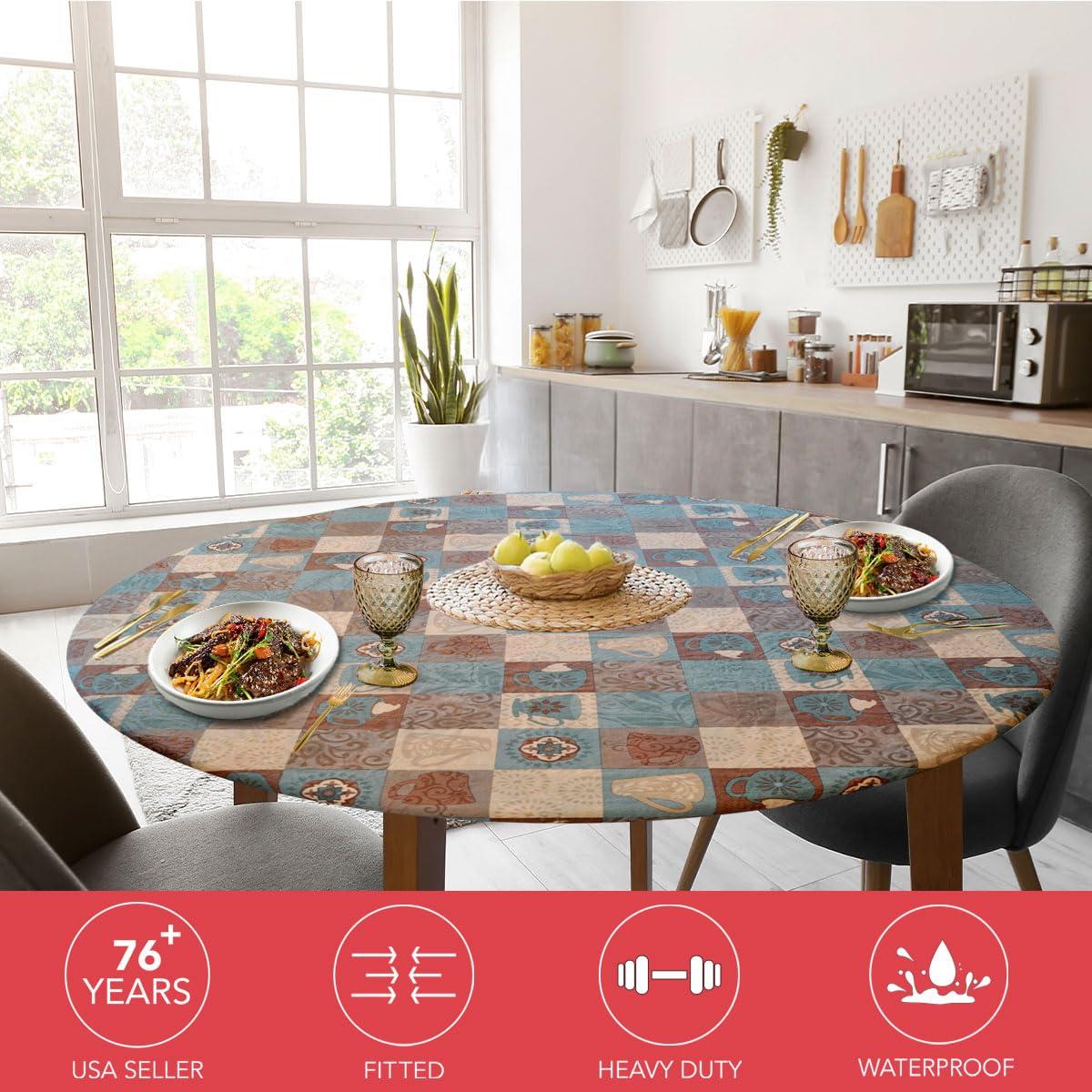 Covers For The Home Deluxe Elastic Edged Flannel Backed Vinyl Fitted Table Cover - Global Coffee Pattern - Small Round - Fits Tables up to 40" - 44" Diameter (ETCOF48)